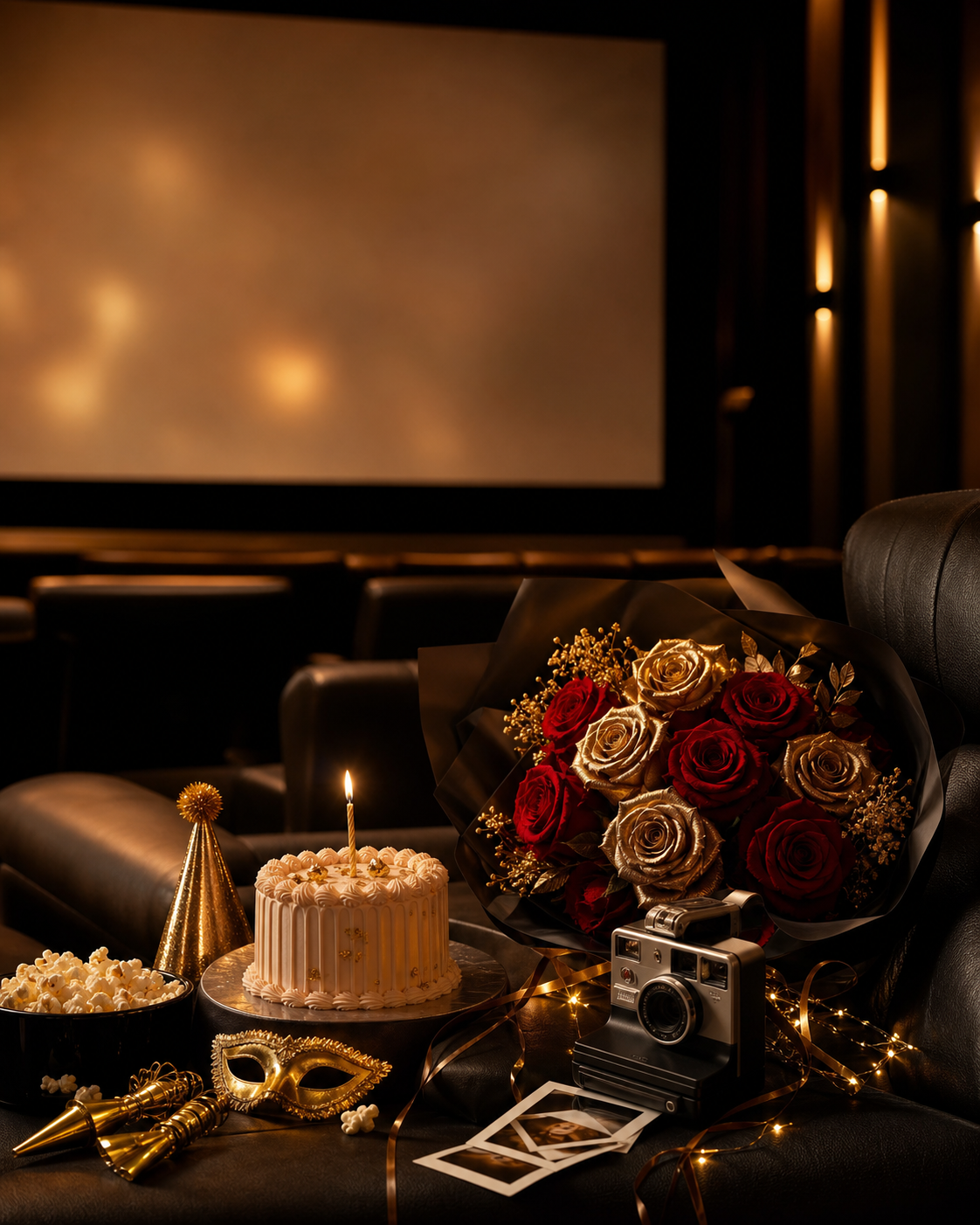 Cake, roses, camera, popcorn and party props arranged in a private theatre