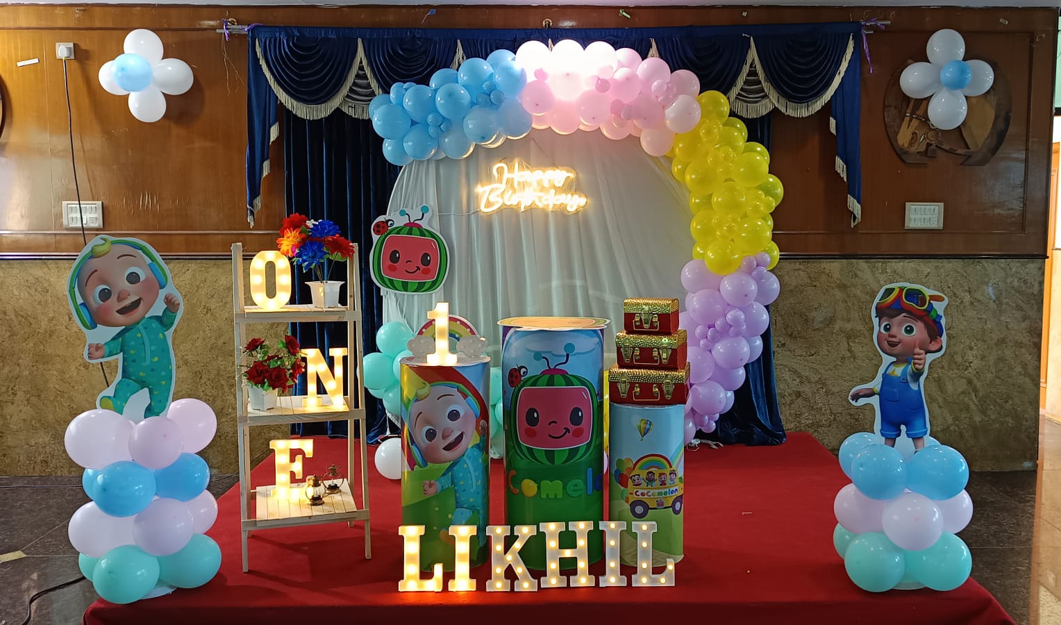 Blue and gold balloon birthday arrangement
